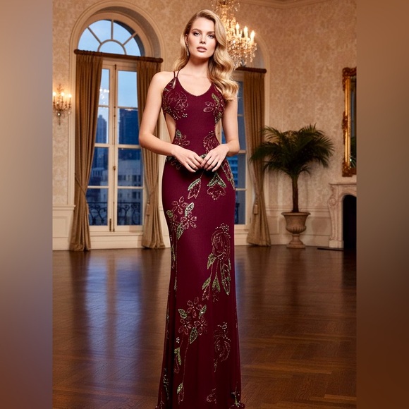 Elegant Burgundy Floral hand beadedAttitudes by Debra Evening Gown NWT